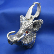 Load image into Gallery viewer, Large Sterling Silver Hog Head Pendant with Rifle Bail and Red Gemstone Eyes