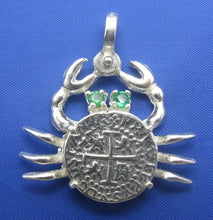 Load image into Gallery viewer, Sterling Silver Pirate Coin Replica Inside Custom Crab Bezel with Gemstone Eyes and Shackle Bail