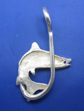 Load image into Gallery viewer, Large Unique Sterling Silver Curved Snook with Ruby Eye and Fish Hook Pendant
