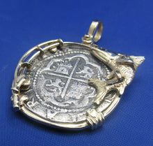 Load image into Gallery viewer, Shipwreck Coin Replica Pendant Inside Custom 14k Nautical Snook Bezel with Fishing Rod