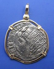 Load image into Gallery viewer, 4 Reale Shipwreck Pirate Coin Treasure Cobb Replica with 14k Solid Gold Bezel
