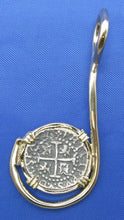 Load image into Gallery viewer, 14k Gold Fish Hook Pendant with Small Shipwreck Coin Replica
