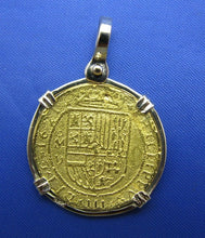 Load image into Gallery viewer, Solid 24k Gold Escudo Atocha Shipwreck Replica Pirate Pendant in Custom 14k Gold Bezel
