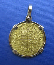 Load image into Gallery viewer, Solid 24k Gold Escudo Atocha Shipwreck Replica Pirate Pendant in Custom 14k Gold Bezel