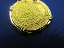 Load image into Gallery viewer, Solid 24k Gold Escudo Atocha Shipwreck Replica Pirate Pendant in Custom 14k Gold Bezel
