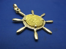 Load image into Gallery viewer, 24k Escudo Shipwreck Coin Replica in Custom 14k Nautical Ship Wheel Bezel