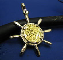 Load image into Gallery viewer, 24k Escudo Shipwreck Coin Replica in Custom 14k Nautical Ship Wheel Bezel