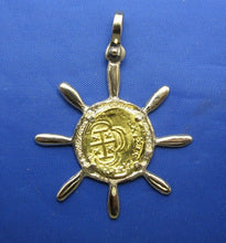Load image into Gallery viewer, 24k Escudo Shipwreck Coin Replica in Custom 14k Nautical Ship Wheel Bezel
