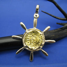 Load image into Gallery viewer, 24k Escudo Shipwreck Coin Replica in Custom 14k Nautical Ship Wheel Bezel