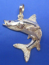 Load image into Gallery viewer, 14k Gold Curved Snook Pendant with Genuine Ruby Gemstone Eye and Shackle Bail