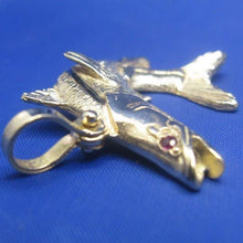 Load image into Gallery viewer, 14k Gold Curved Snook Pendant with Genuine Ruby Gemstone Eye and Shackle Bail