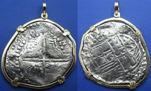 Load image into Gallery viewer, Large Piece of 8 Pirate Coin Replica with 14k Gold Bezel and Shackle Bail
