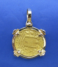 Load image into Gallery viewer, Solid 24k Gold Escudo Reproduction in Custom 14k Genuine Diamond Bezel Pendant