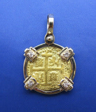 Load image into Gallery viewer, Solid 24k Gold Escudo Reproduction in Custom 14k Genuine Diamond Bezel Pendant