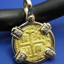 Load image into Gallery viewer, Solid 24k Gold Escudo Reproduction in Custom 14k Genuine Diamond Bezel Pendant