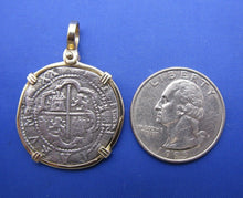 Load image into Gallery viewer, Pirate Pieces of 8 Reproduction Coin Cob Doubloon in 14k Solid Yellow Gold Bezel Nautical Pendant