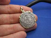 Load image into Gallery viewer, Pirate Pieces of 8 Reproduction Coin Cob Doubloon in 14k Solid Yellow Gold Bezel Nautical Pendant