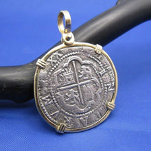Load image into Gallery viewer, Pirate Pieces of 8 Reproduction Coin Cob Doubloon in 14k Solid Yellow Gold Bezel Nautical Pendant