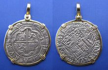 Load image into Gallery viewer, Pirate Pieces of 8 Reproduction Coin Cob Doubloon in 14k Solid Yellow Gold Bezel Nautical Pendant