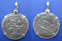 Load image into Gallery viewer, Sterling Silver Pirate Doubloon "2 Reale" Shipwreck Coin Pendant Replica with Shackle Bail 1.5" x 1"