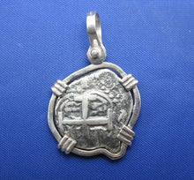Load image into Gallery viewer, Sterling Silver Small "1 Reale" Odd Shaped Pirate Cob Doubloon Coin Replica in Sterling Silver Bezel Nautical Shipwreck Blackbeard Pendant