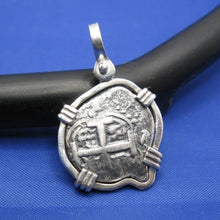 Load image into Gallery viewer, Sterling Silver Small "1 Reale" Odd Shaped Pirate Cob Doubloon Coin Replica in Sterling Silver Bezel Nautical Shipwreck Blackbeard Pendant