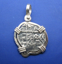 Load image into Gallery viewer, Sterling Silver Small "1 Reale" Odd Shaped Pirate Cob Doubloon Coin Replica in Sterling Silver Bezel Nautical Shipwreck Blackbeard Pendant