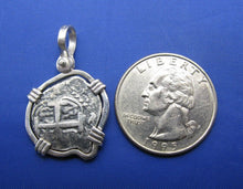 Load image into Gallery viewer, Sterling Silver Small "1 Reale" Odd Shaped Pirate Cob Doubloon Coin Replica in Sterling Silver Bezel Nautical Shipwreck Blackbeard Pendant