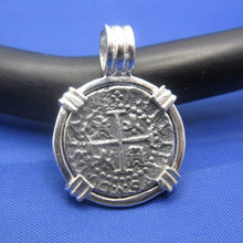 Load image into Gallery viewer, Small Sterling Silver Pirate Coin Replica Treasure Shipwreck Coin with Custom Barrel Bail Pendant Bezel