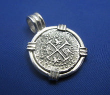Load image into Gallery viewer, Small Sterling Silver Pirate Coin Replica Treasure Shipwreck Coin with Custom Barrel Bail Pendant Bezel