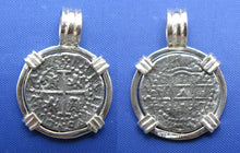 Load image into Gallery viewer, Small Sterling Silver Pirate Coin Replica Treasure Shipwreck Coin with Custom Barrel Bail Pendant Bezel