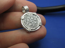 Load image into Gallery viewer, Small Sterling Silver Pirate Coin Replica Treasure Shipwreck Coin with Custom Barrel Bail Pendant Bezel