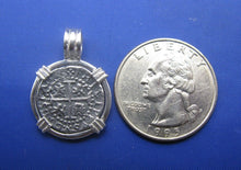 Load image into Gallery viewer, Small Sterling Silver Pirate Coin Replica Treasure Shipwreck Coin with Custom Barrel Bail Pendant Bezel