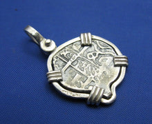 Load image into Gallery viewer, Sterling Silver Small "1 Reale" Odd Shaped Pirate Cob Doubloon Coin Replica in Sterling Silver Bezel Nautical Shipwreck Blackbeard Pendant