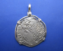 Load image into Gallery viewer, Sterling Silver Spanish "2 Reale" Atocha Treasure Replica Coin Pendant with Shackle Bail 1.5" x 1.2"