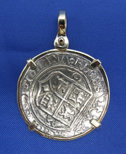 Load image into Gallery viewer, Reproduction Sterling Silver Colonial New World Charles and Joanna Coin inside Solid 14k Handmade Yellow Gold Bezel