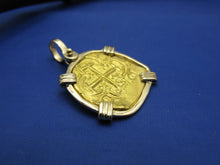 Load image into Gallery viewer, Odd Shaped 24k Gold Spanish Shipwreck Coin inside Handmade 14k Bezel