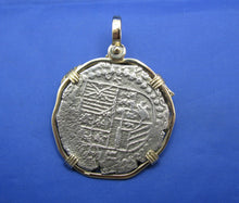Load image into Gallery viewer, Very Large Men's 8 Reale Piece of 8 Colonial Shipwreck Atocha Coin Replica with Custom Solid 14k Bezel Pendant Featuring Great White Shark