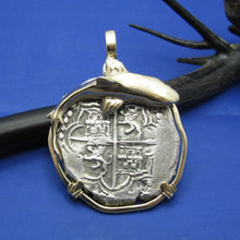 Load image into Gallery viewer, Very Large Men's 8 Reale Piece of 8 Colonial Shipwreck Atocha Coin Replica with Custom Solid 14k Bezel Pendant Featuring Great White Shark
