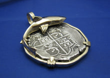 Load image into Gallery viewer, Very Large Men's 8 Reale Piece of 8 Colonial Shipwreck Atocha Coin Replica with Custom Solid 14k Bezel Pendant Featuring Great White Shark