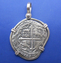 Load image into Gallery viewer, Sterling Silver Medium "4 Reale" Odd Shaped Spanish Colonial Pirate Shipwreck Treasure Coin Replica in Quality Custom Handmade Bezel Pendant