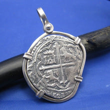 Load image into Gallery viewer, Sterling Silver Medium &quot;4 Reale&quot; Odd Shaped Spanish Colonial Pirate Shipwreck Treasure Coin Replica in Quality Custom Handmade Bezel Pendant
