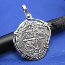 Load image into Gallery viewer, Sterling Silver Medium "4 Reale" Odd Shaped Spanish Colonial Pirate Shipwreck Treasure Coin Replica in Quality Custom Handmade Bezel Pendant