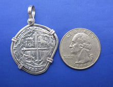 Load image into Gallery viewer, Sterling Silver Medium "4 Reale" Odd Shaped Spanish Colonial Pirate Shipwreck Treasure Coin Replica in Quality Custom Handmade Bezel Pendant