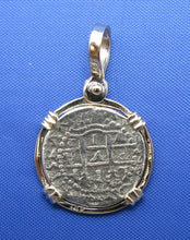 Load image into Gallery viewer, Small 1 Reale Atocha Shipwreck Pirate Coin Treasure Cobb Reproduction inside 14k Solid WHITE Gold Bezel Pendant