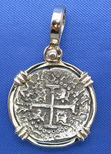 Load image into Gallery viewer, Small 1 Reale Atocha Shipwreck Pirate Coin Treasure Cobb Reproduction inside 14k Solid WHITE Gold Bezel Pendant
