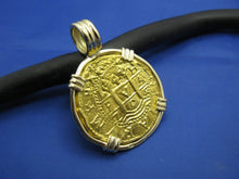 Load image into Gallery viewer, Large Quality 24k Solid Gold Escudo Hand Bezeled in Contrasting 14k Custom Bezel Colonial Era Pirate Coin Jewelry Pendant by Crisol Jewelry
