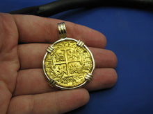 Load image into Gallery viewer, Large Quality 24k Solid Gold Escudo Hand Bezeled in Contrasting 14k Custom Bezel Colonial Era Pirate Coin Jewelry Pendant by Crisol Jewelry