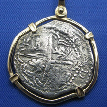 Load image into Gallery viewer, 4 Reale Shipwreck Pirate Coin Treasure Cobb Replica with 14k Solid Gold Bezel