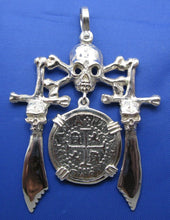 Load image into Gallery viewer, '1 Reale' Pirate Treasure Coin with Skull and Swords Pendant